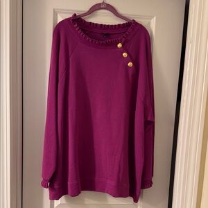 Talbots Ruffled trim Crewneck Pullover Sweater in fuschia with Gold Buttons